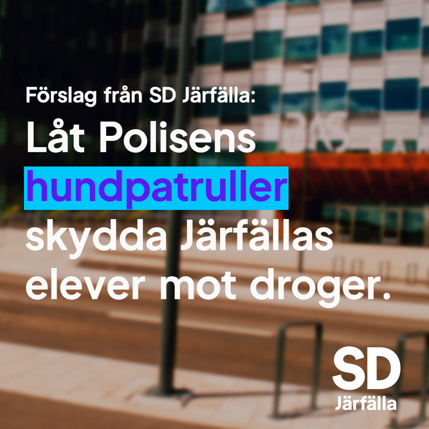 En bild vid Järfälla gymnasiet och bildtexten säget "förslag från SD Järfälla: låt Polisens hundpatruller skydda Järfällas elever mot droger.